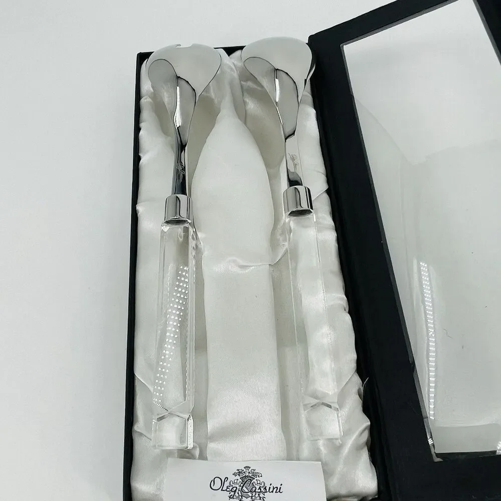 Oleg Cassini Stainless Salad Server Set Crystal Square Handles Satin Lined Box